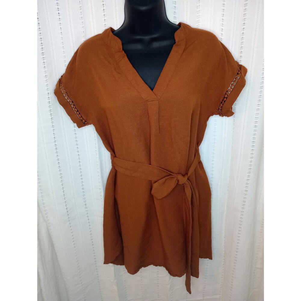 Rust Brown Tunic with Tie and Crochet Details - Small - Boho Euro Summer